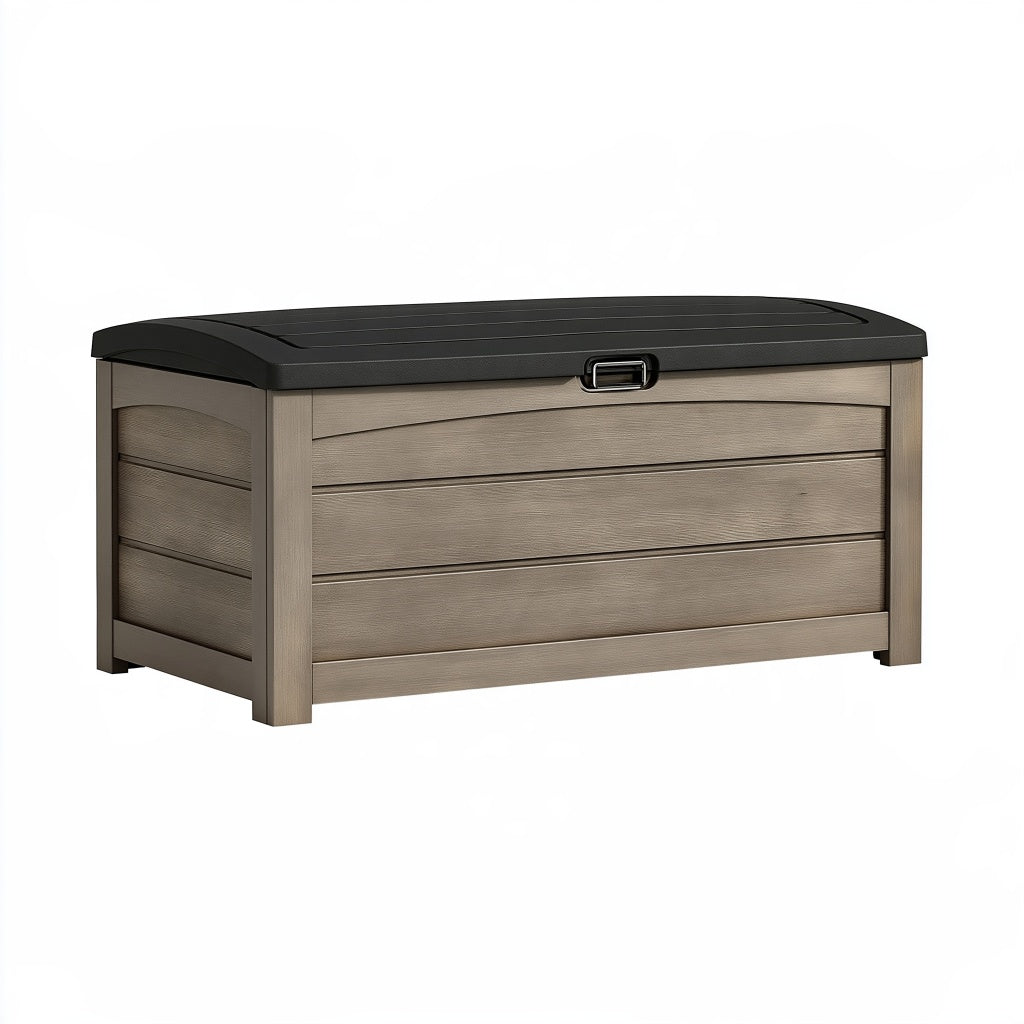 Garten-Aufbewahrungsbox 120 x 55 x 60 cm Kunststoff Taupe-Schwarz mit Deckel in Holzoptik