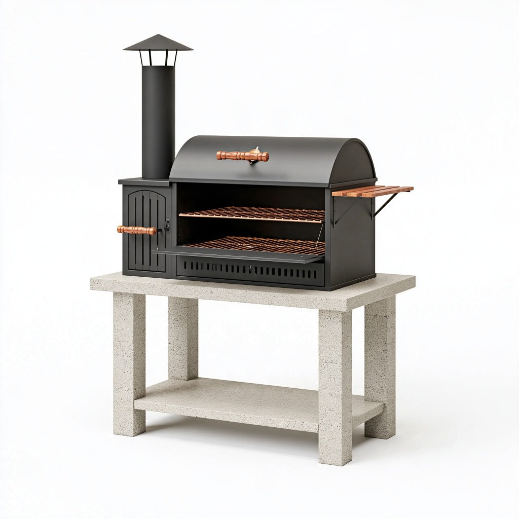 Holzkohlegrill 120 x 65 x 155 cm aus Stahl Schwarz mit Kamin und Grillrost