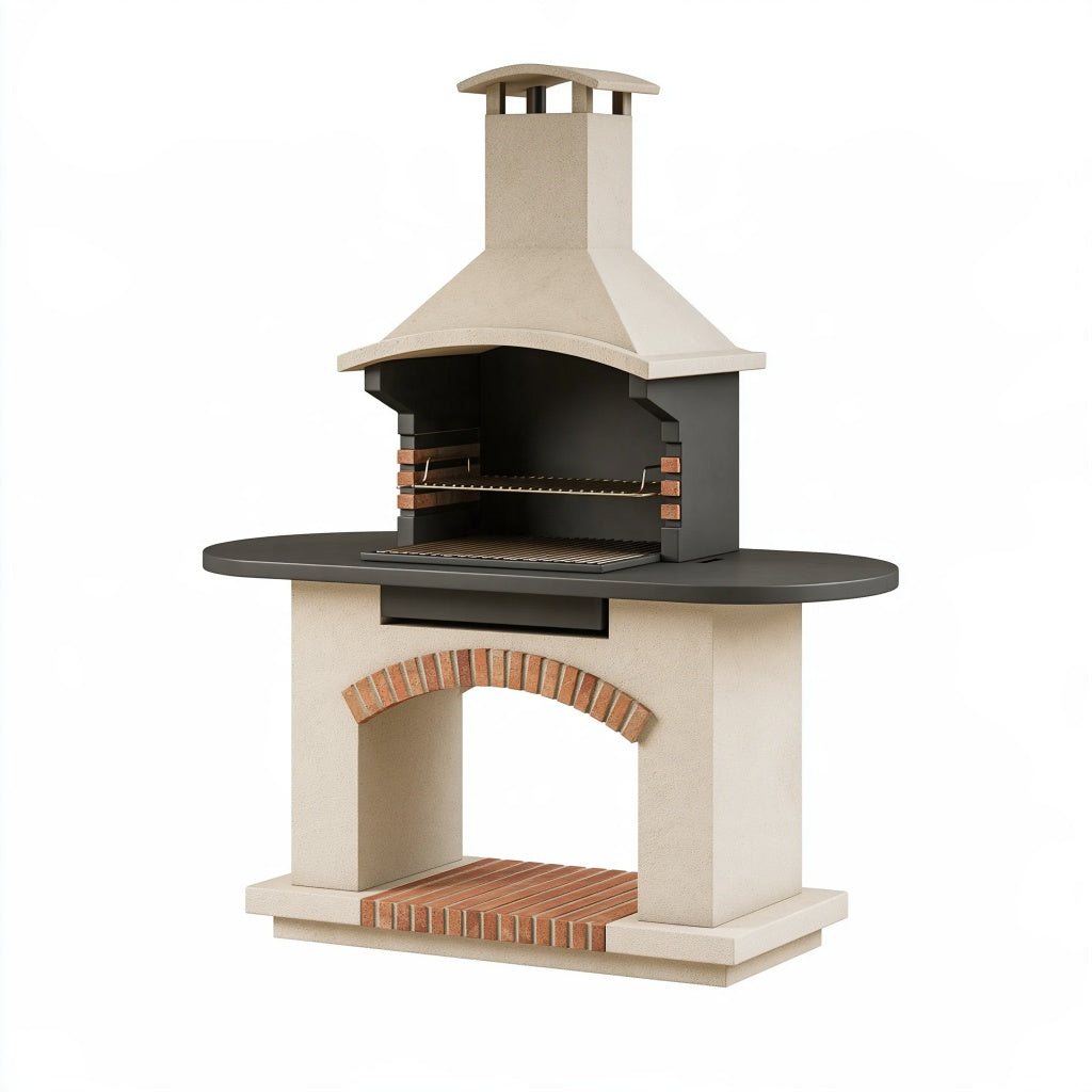 Gartengrill 140 x 70 x 220 cm aus Beton und Stahl in Beige Schwarz mit Kamin