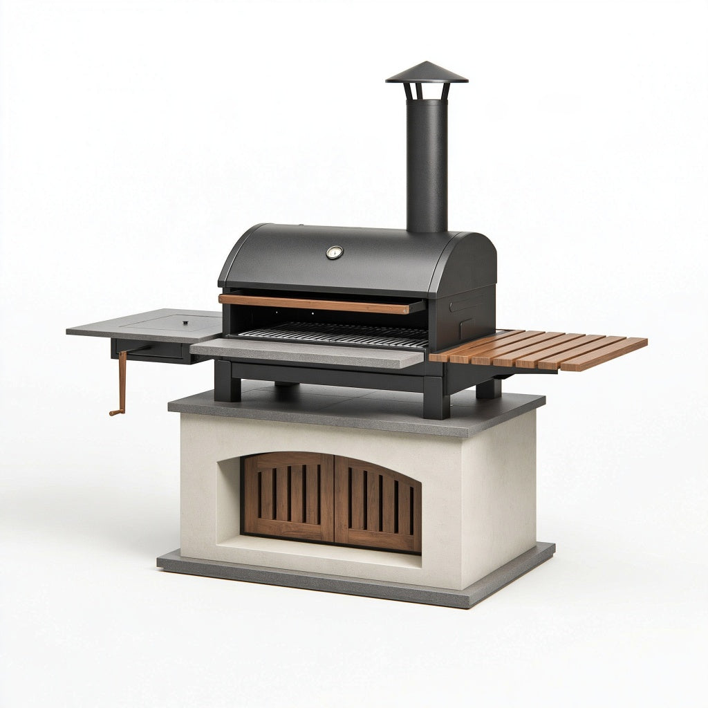 Grillofen 150 x 75 x 175 cm aus Stahl und Beton Schwarz Braun mit Kamin und Seitenablagen