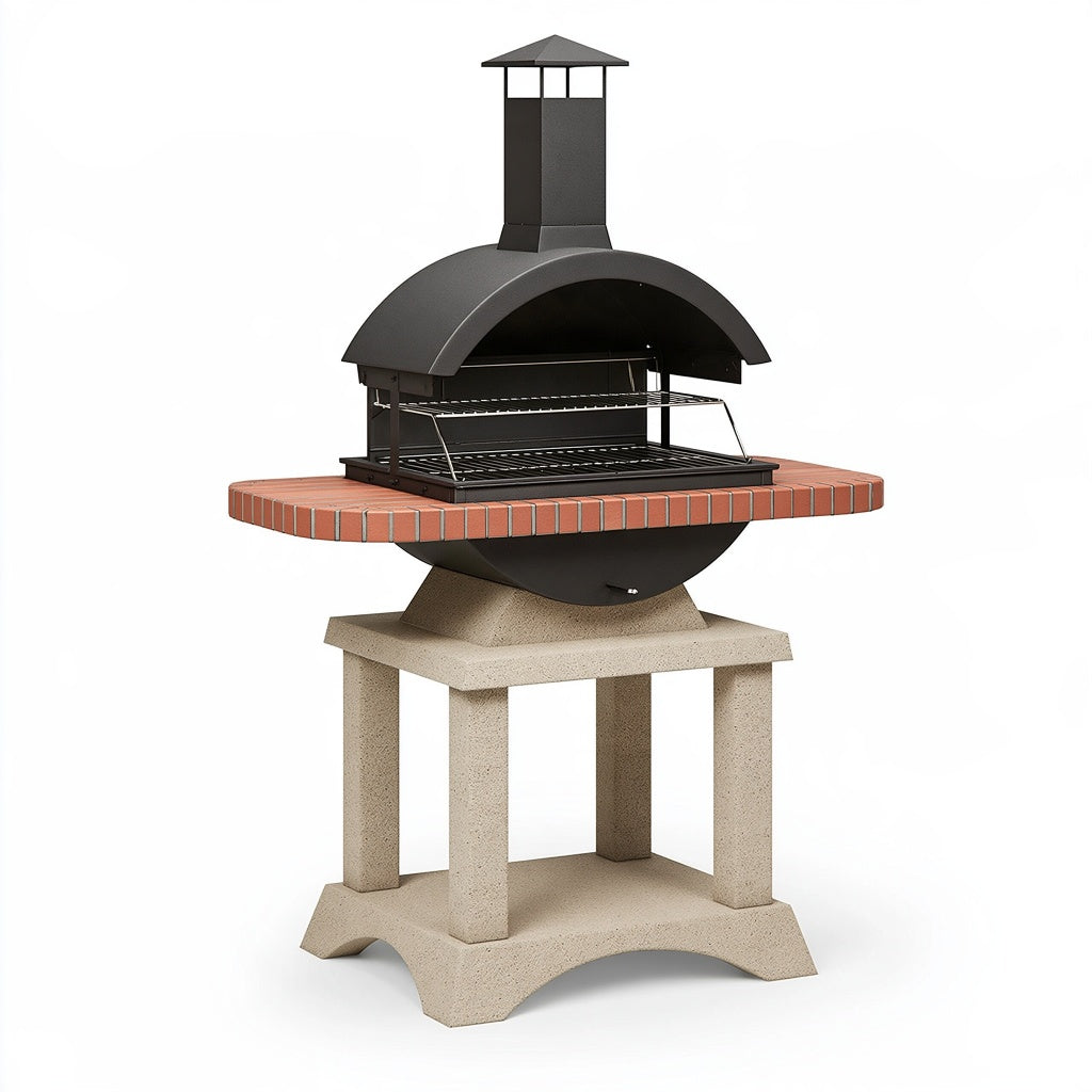 Grillkamin 120 x 70 x 210 cm aus Stahl Beton und Ziegeln in Schwarz Rot für den Außenbereich