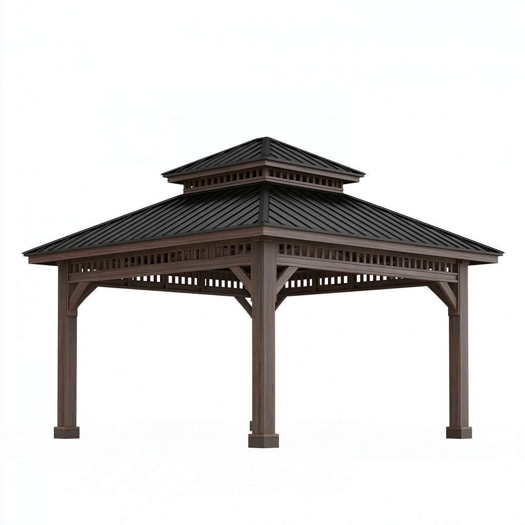Pavillon 300 x 300 x 310 cm Metall braun mit Hardtop Dach im asiatischen Stil