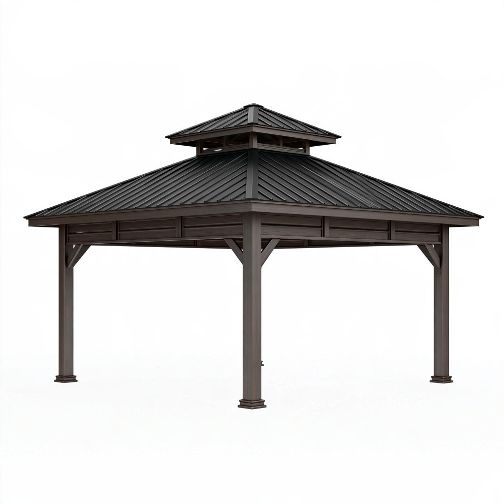 Pavillon 400 x 400 x 330 cm Metall Dunkelbraun mit Doppeldach für Garten