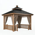Gartenpavillon 400 x 300 x 330 cm Holz mit Metalldach Beige Braun Schwarz mit Vorhängen