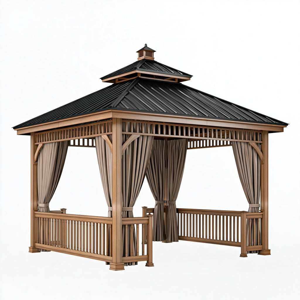 Gartenpavillon 400 x 300 x 330 cm Holz mit Metalldach Beige Braun Schwarz mit Vorhängen