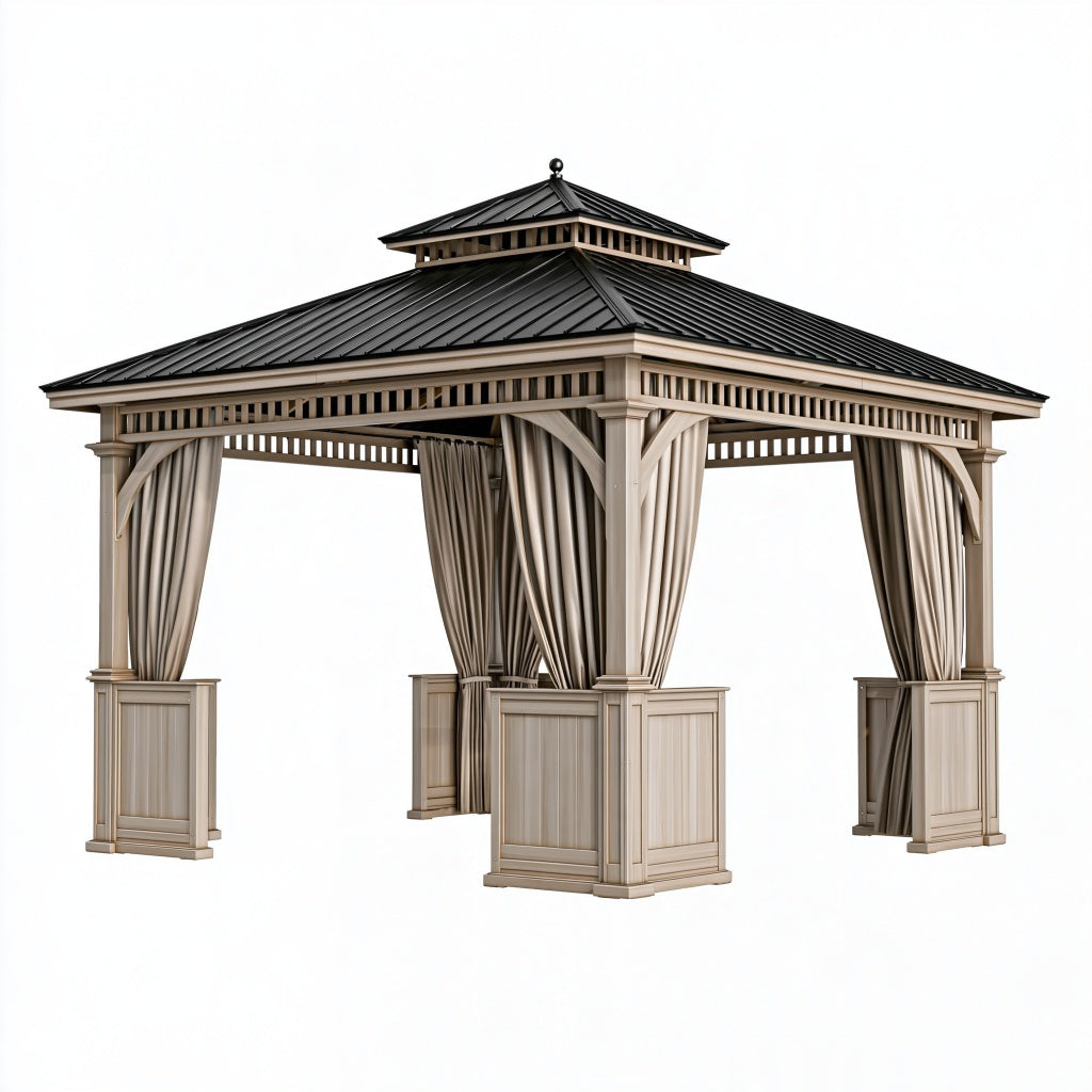 Gartenpavillon 400 x 400 x 350 cm Holz Beige mit Metalldach und Vorhängen