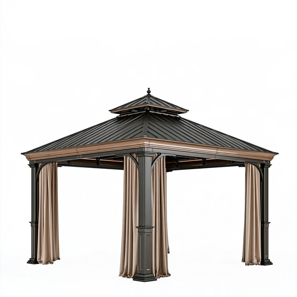 Gartenpavillon 300 x 300 x 310 cm aus Metall in Schwarz mit Vorhängen klassisch