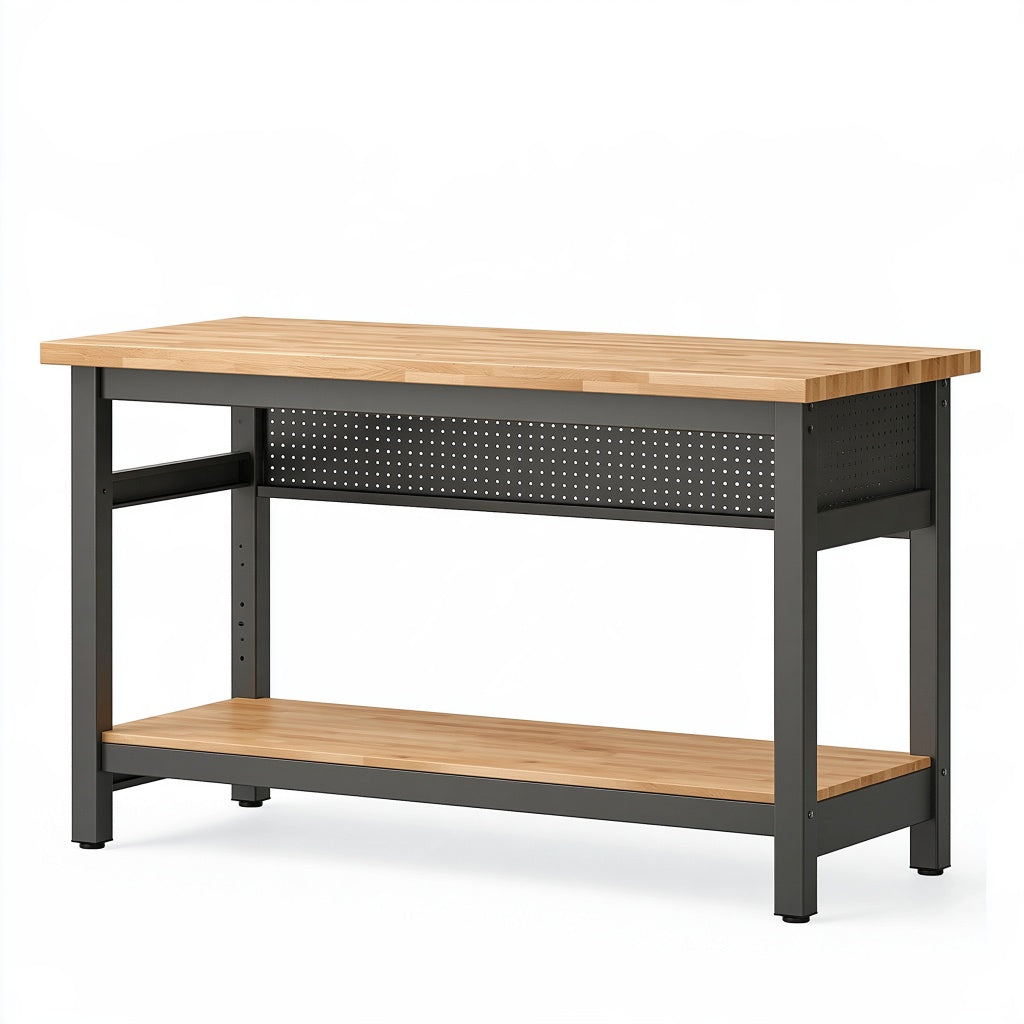 Werkbank 160 x 60 x 90 cm Holz Metall Schwarz Natur mit Lochwand und Ablage