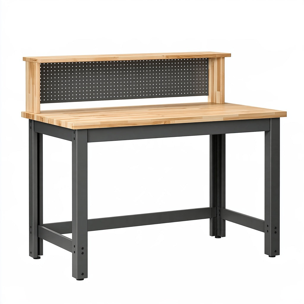 Werkbank 120 x 60 x 140 cm Bambus Schwarz mit Lochwand im Industriestil