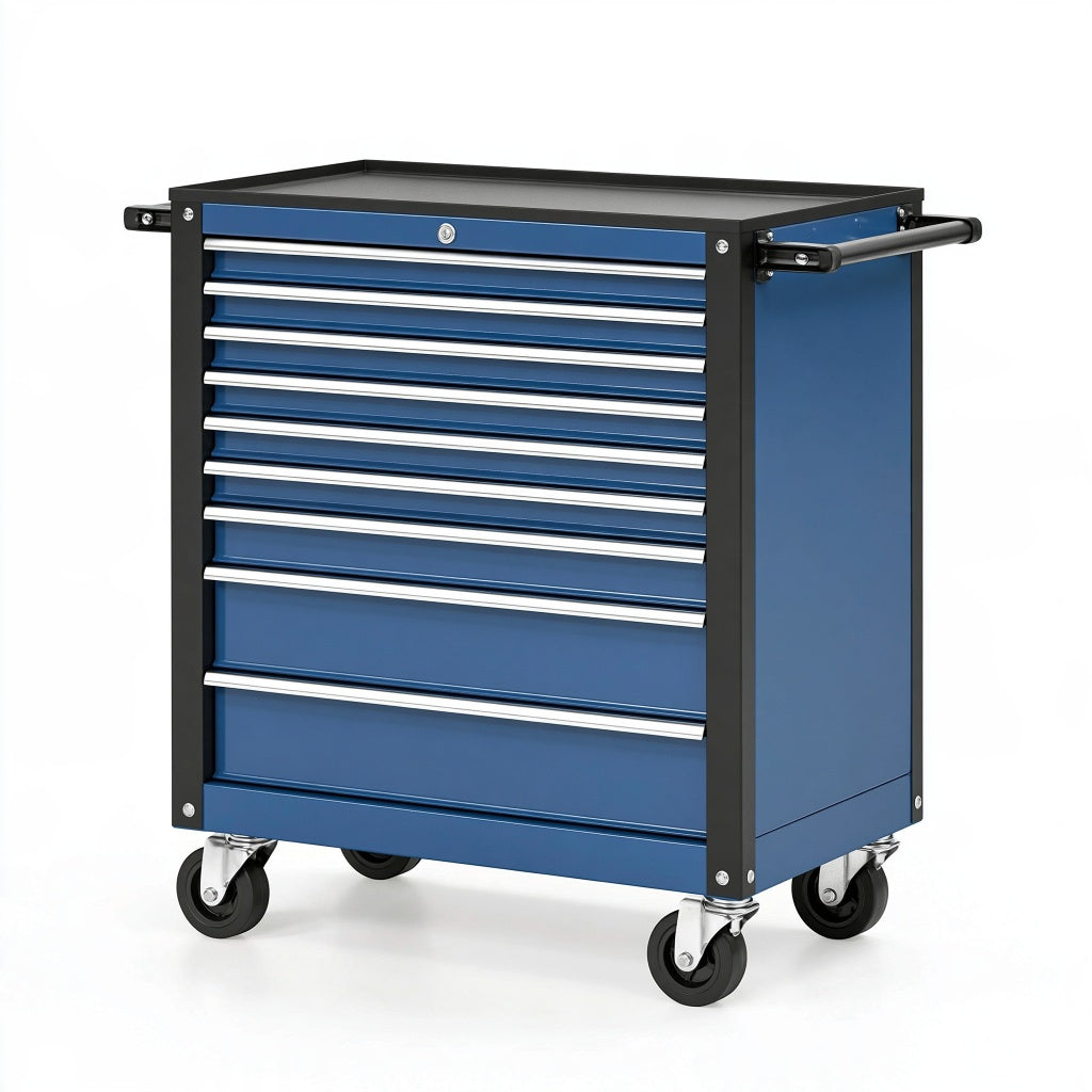 Werkzeugwagen 77 x 46 x 97 cm aus Stahl Blau Schwarz mit 9 Schubladen und Rollen