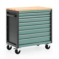 Werkstattwagen 77 x 46 x 97 cm aus Stahl Grün mit Holzarbeitsplatte und 7 Schubladen