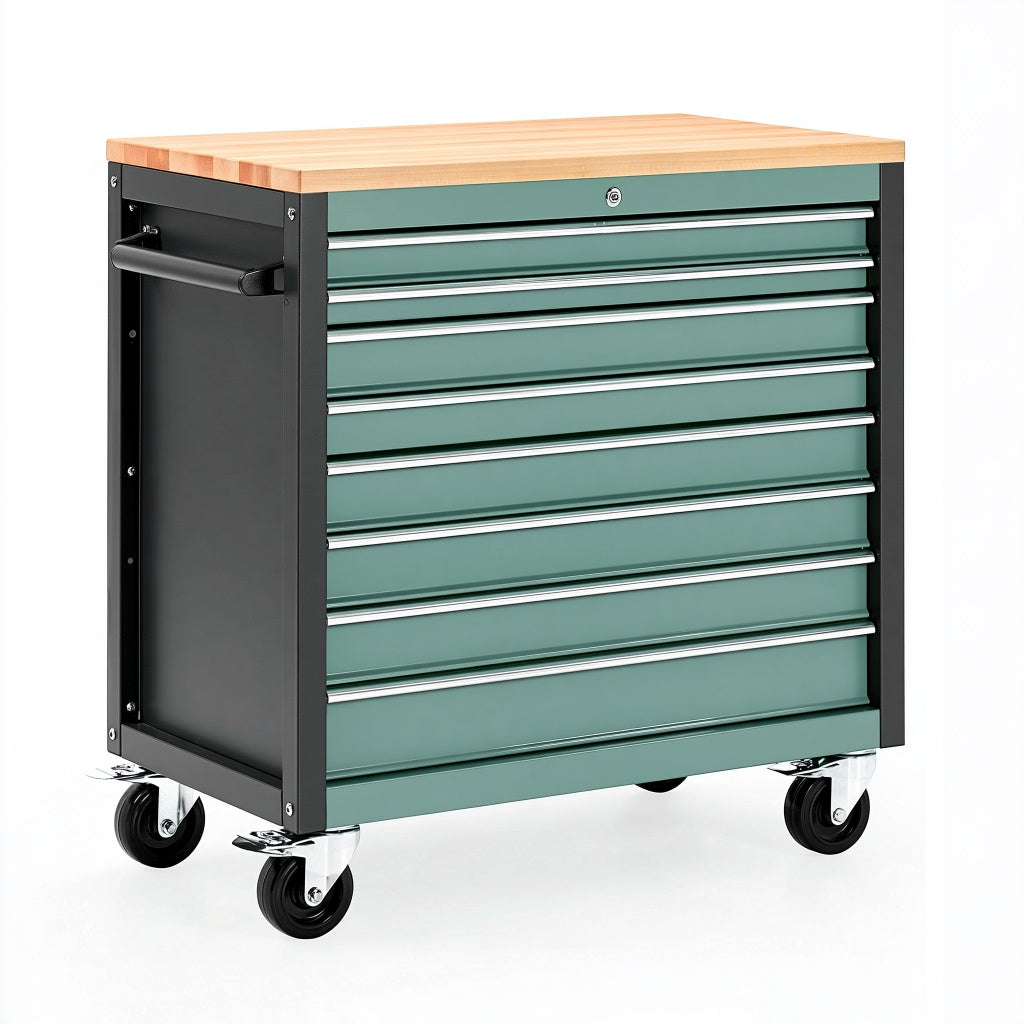 Werkstattwagen 77 x 46 x 97 cm aus Stahl Grün mit Holzarbeitsplatte und 7 Schubladen