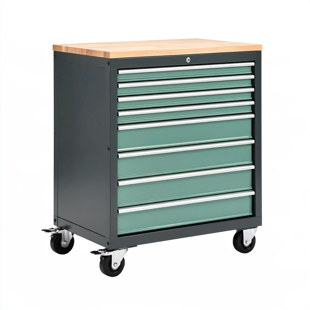 Werkzeugwagen 72 x 46 x 97 cm aus Stahl in Schwarz Grün mit Holzplatte und 8 Schubladen