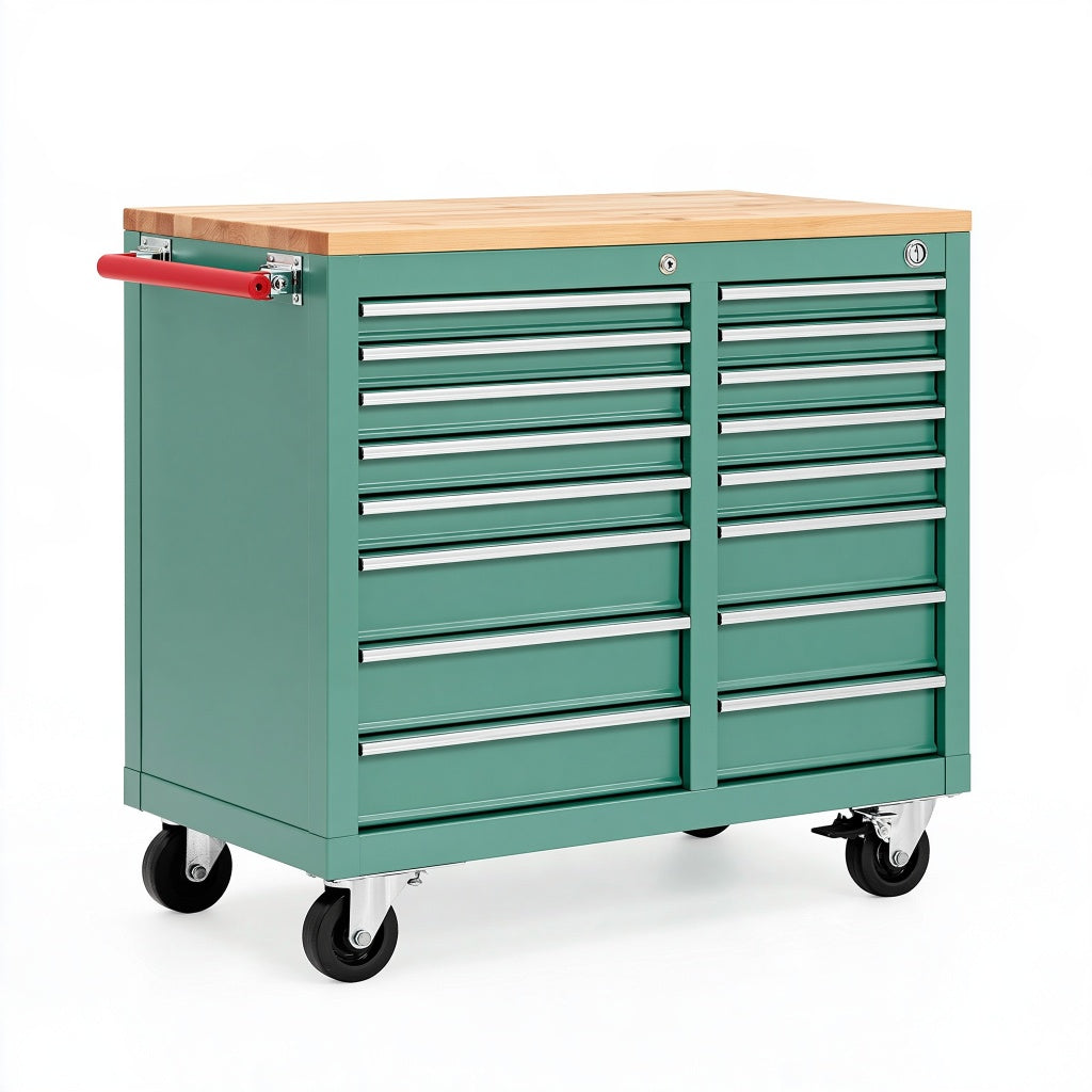 Werkstattwagen 112 x 46 x 97 cm Stahl Grün mit Holzarbeitsplatte mobiler Industrie Stil