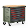 Werkzeugwagen 80 x 45 x 90 cm aus Stahl in Grün Schwarz Rot mit Holzarbeitsplatte und 6 Schubladen