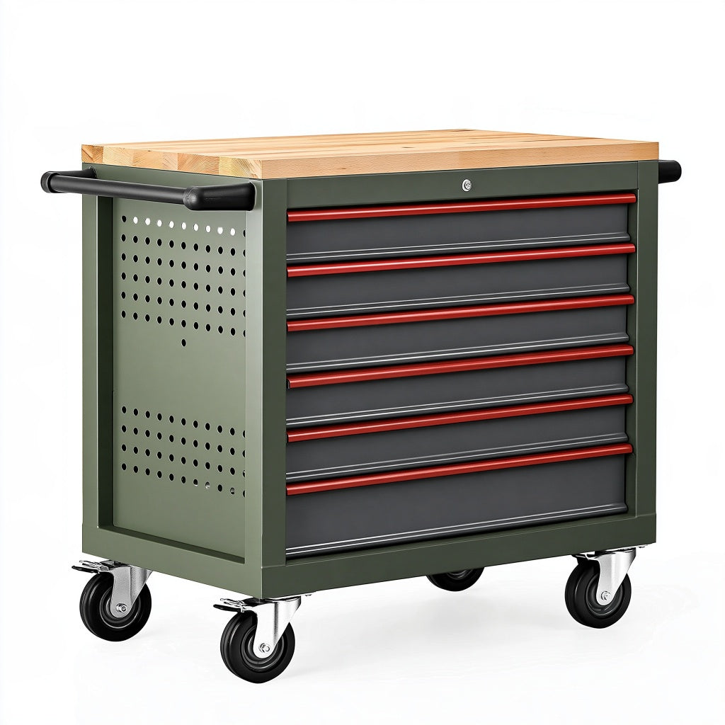 Werkzeugwagen 80 x 45 x 90 cm aus Stahl in Grün Schwarz Rot mit Holzarbeitsplatte und 6 Schubladen
