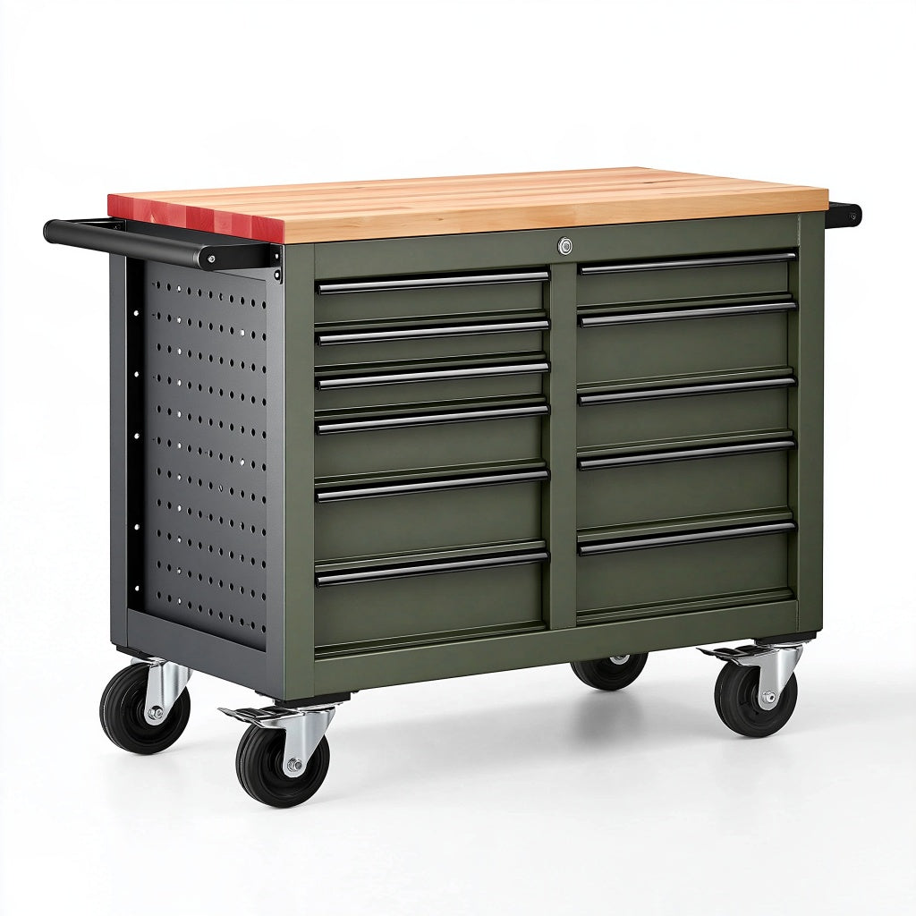 Werkstattwagen 112 x 52 x 95 cm aus Stahl in Dunkelgrün mit Holzarbeitsplatte und 8 Schubladen