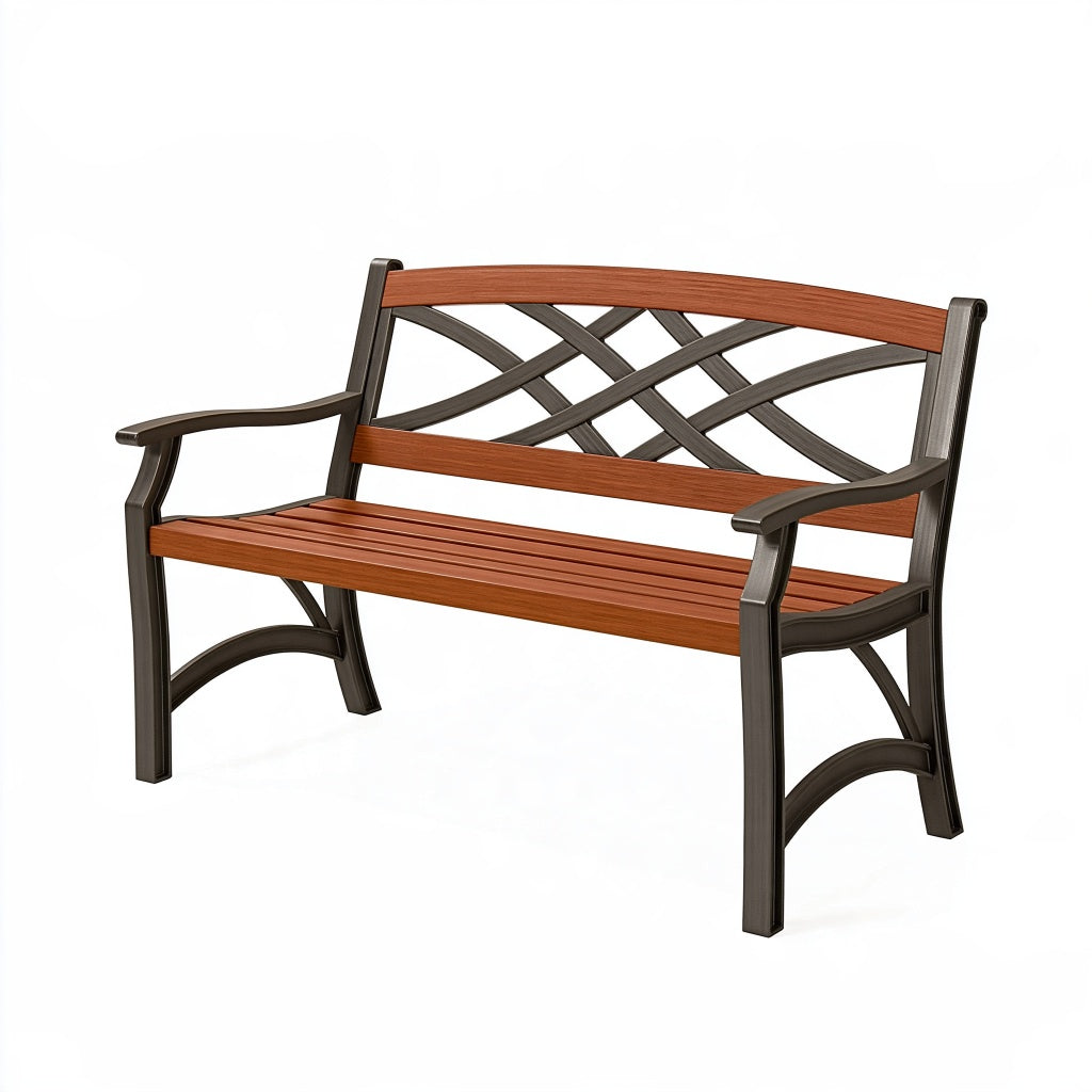 Gartenbank 125 cm Metall und Holz Braun Dunkelgrau mit Armlehnen Flechtmuster